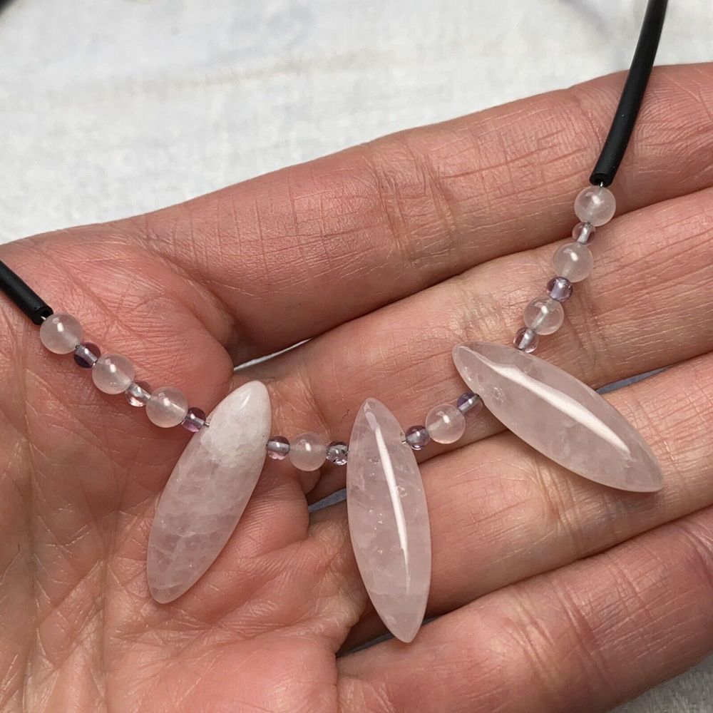 New Pink & White Rose Quartz Polished Linear Oval Bead Black Cord Wire Necklace